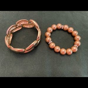 Lot of 2 Costume Stretch Bracelets: Gold Tone Metal & Gold-ish Pearl w/ Crystals